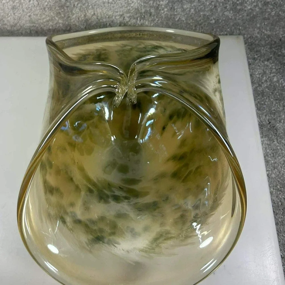 Featherlike Art Glass Bowl Amber Brown Mottled Pinched Rim Centerpiece Vase‎